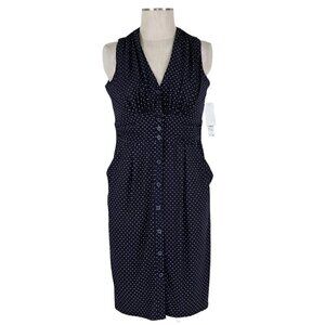 Evan Picone Halter Dress Size 12P Black Ivory Polka Dot Button Front Pockets New